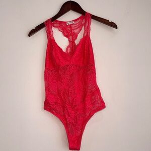 FREE PEOPLE Womens Small Pink Sheer Lace Vneck Racerback Sleeveless Bodysuit QQ9